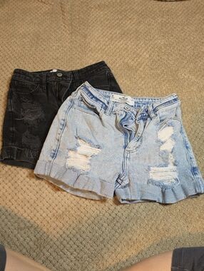 Hollister Two-Pair Distressed Denim Shorts in Light Blue and Washed Black